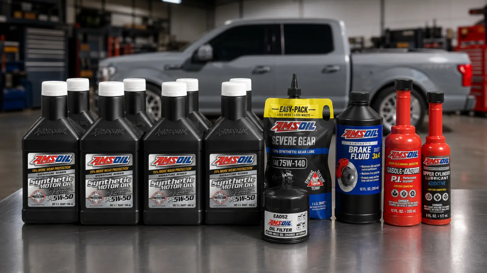 AMSOIL oil, gear lubricant, fuel additives and brake fluid for a Whipple F-150 maintenance order