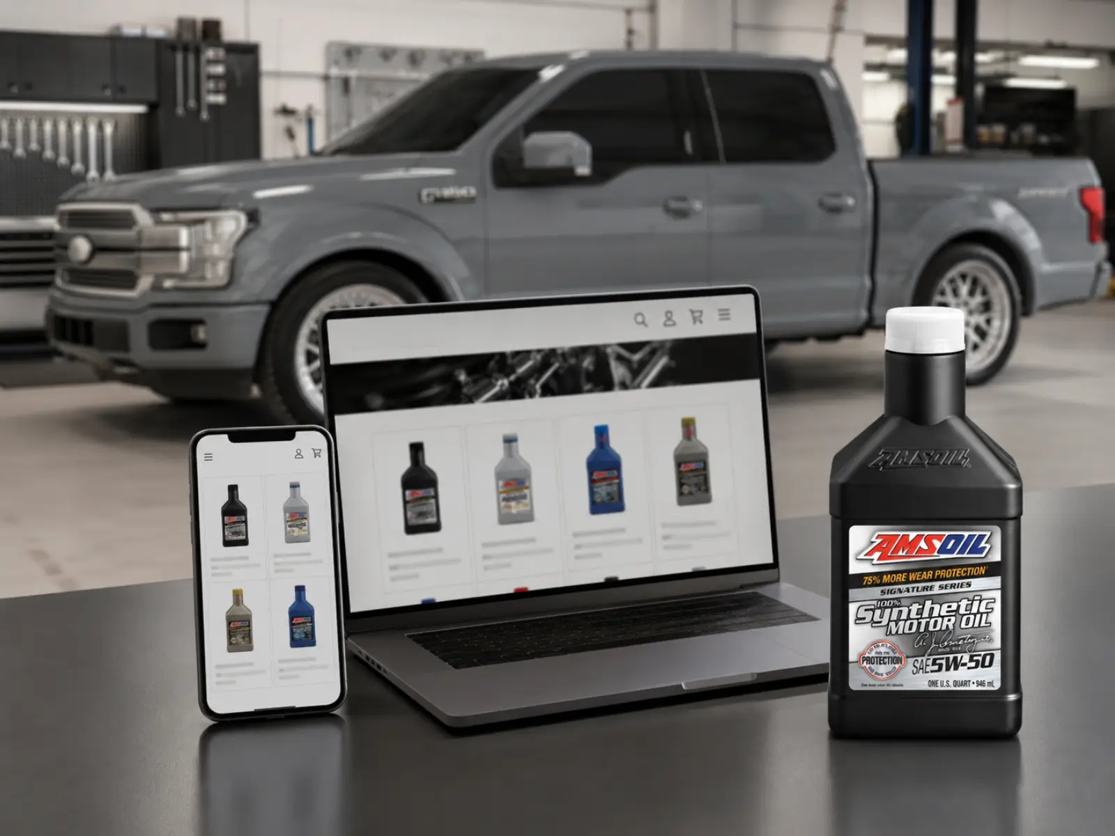 AMSOIL maintenance products with a Whipple F-150 showing how to buy AMSOIL through San Pedro Synthetics as a Preferred Customer