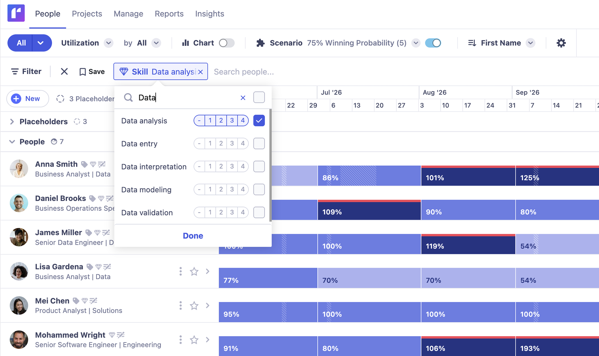 Skills matching view displaying people filtered by specific skills to match work to capability.