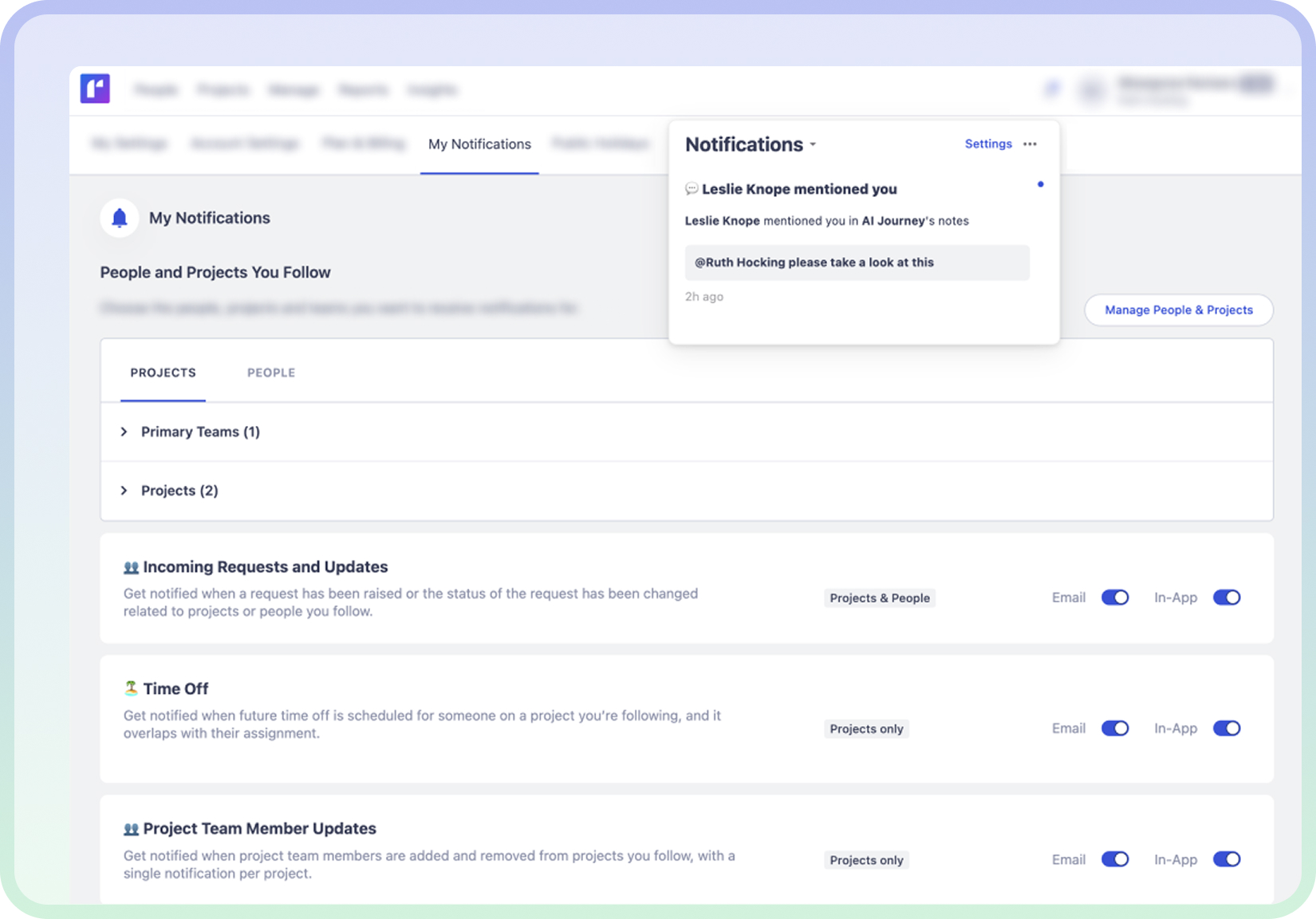 Notifications screen showing updates, mentions, and approvals to help teams stay aligned.