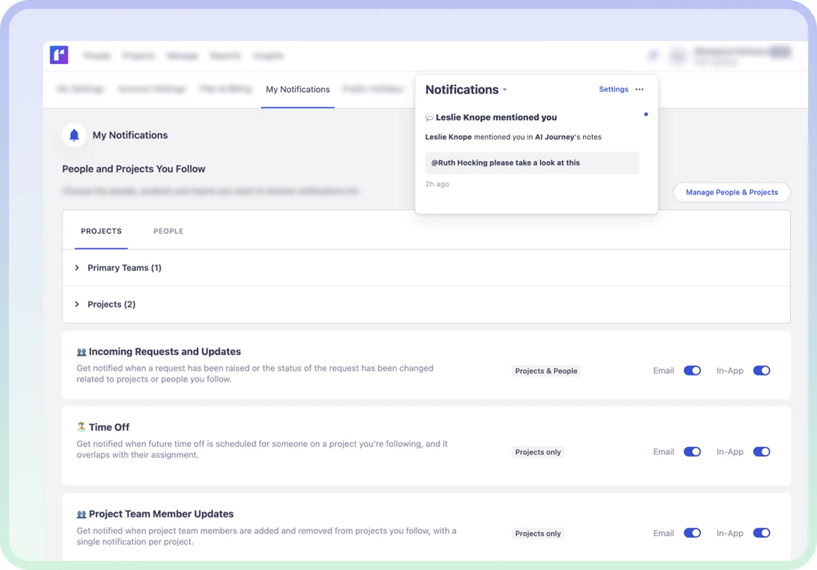 Notifications screen showing updates, mentions, and approvals to help teams stay aligned.