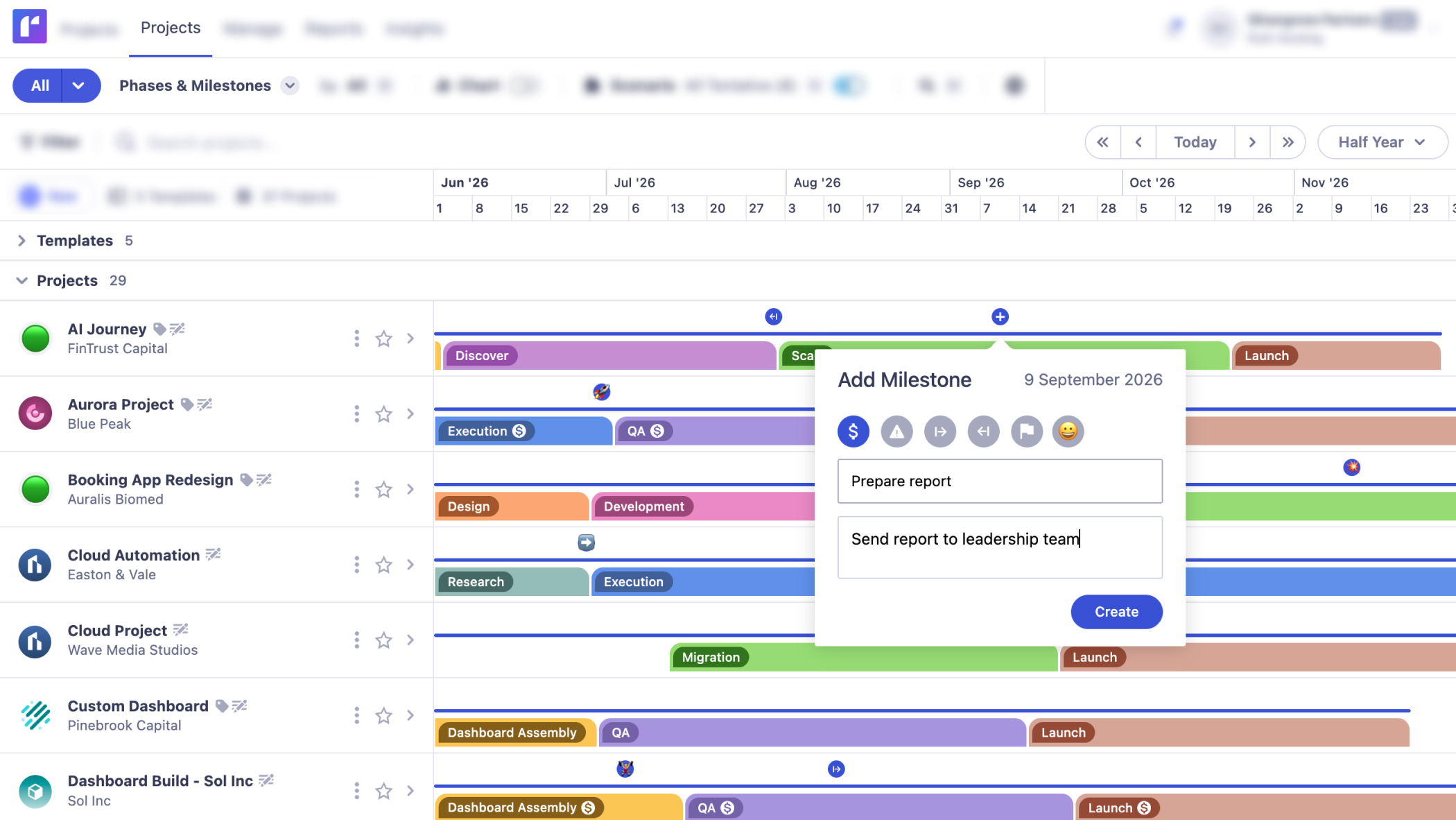 Project structure view displaying project phases and milestones across a timeline.