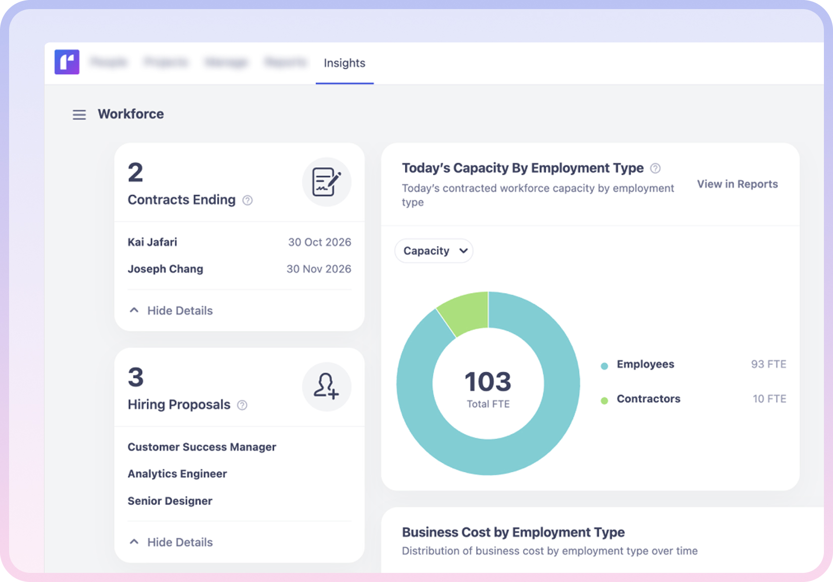 Workforce planning insights displaying capacity, hiring proposals, and contract end dates.
