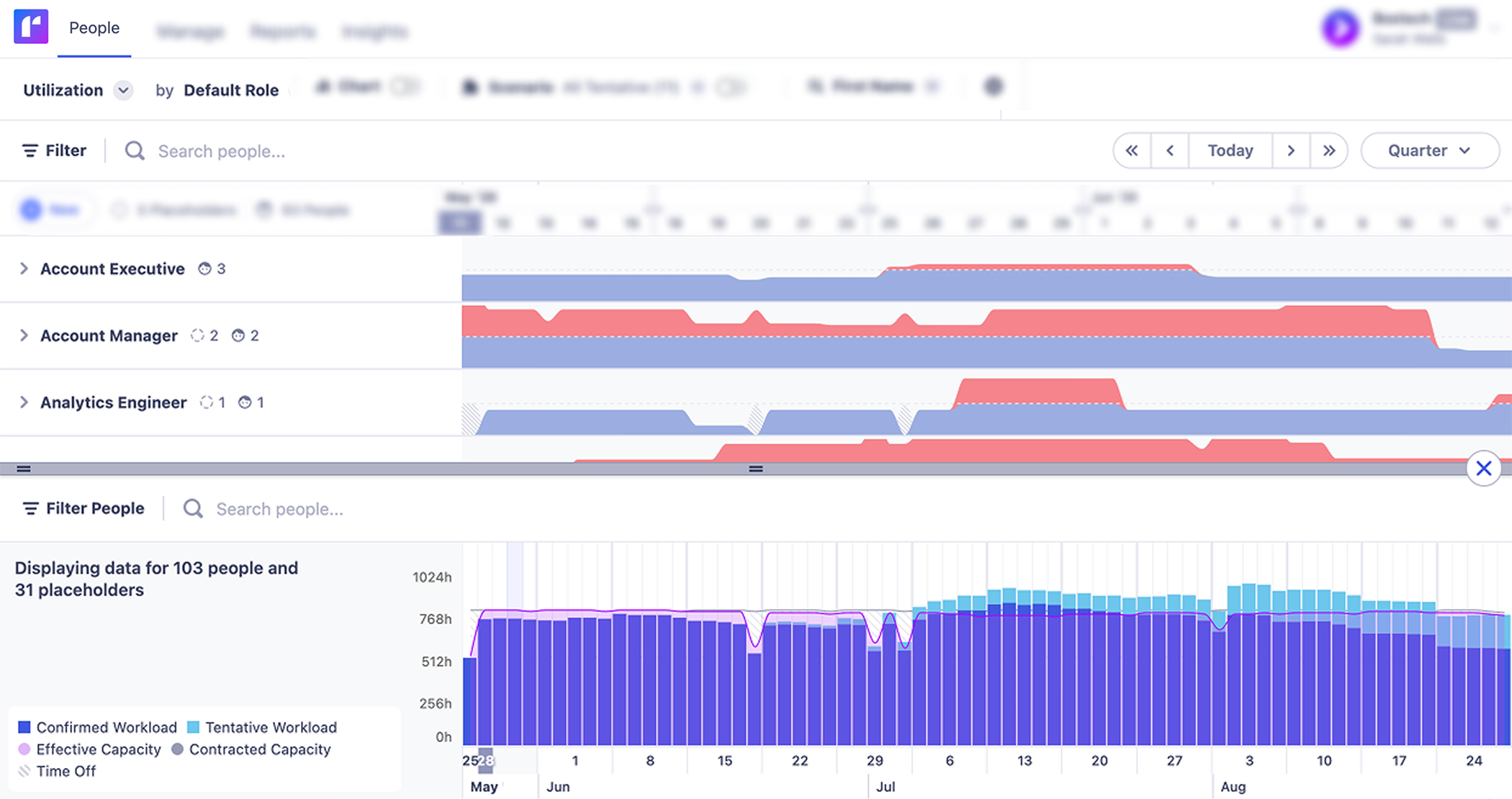 Capacity charts displaying availability, workload, and utilization to help identify capacity gaps.