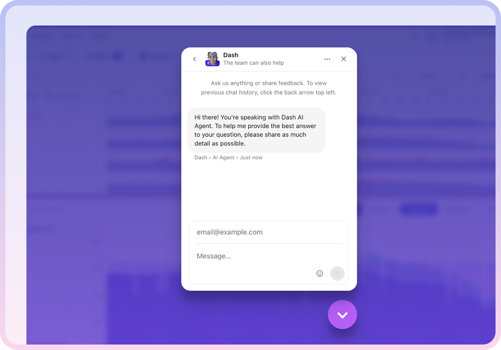 In-app support chat displaying Dash, Runn’s AI help desk agent, providing instant assistance and answers directly within the software.