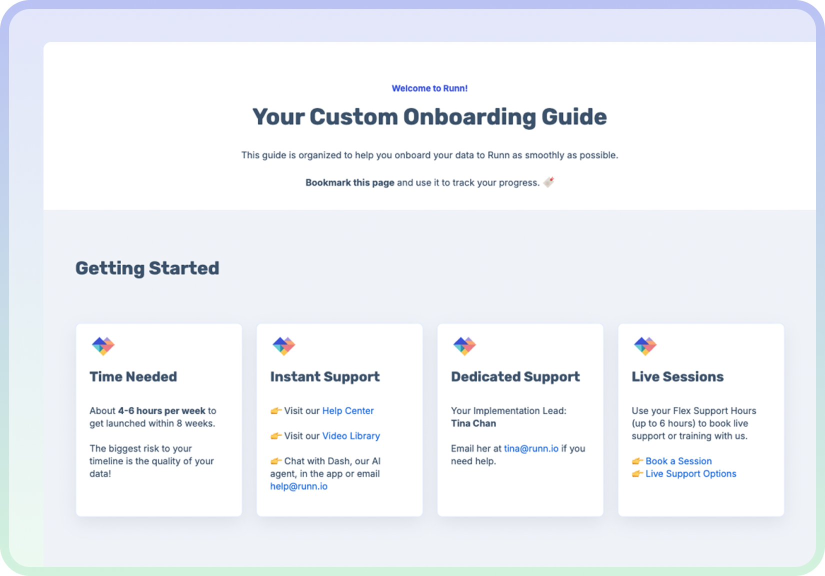 Custom onboarding guide displaying onboarding steps, support resources, training options, and implementation guidance to help teams get started with Runn.
