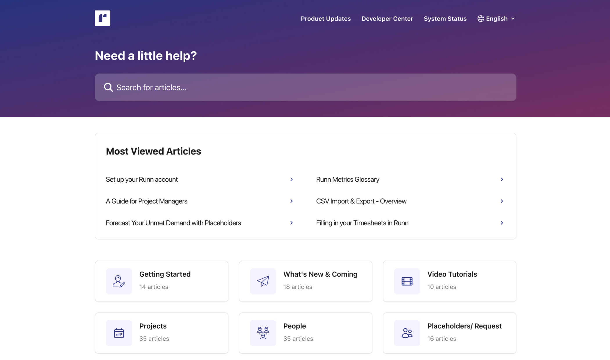Help Center displaying searchable support articles, guides, tutorials, and resources for getting answers and learning how to use Runn.