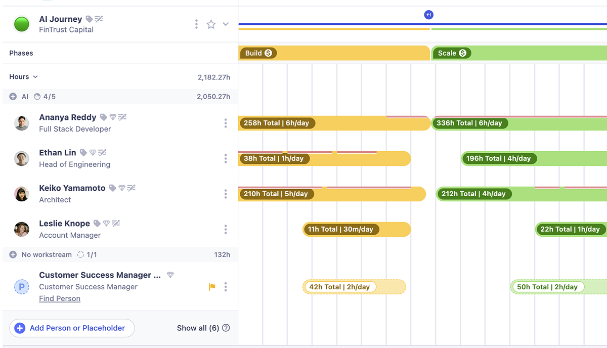 Resource planning view displaying project phases and assignments, bringing capacity, availability, and project data together in one place.