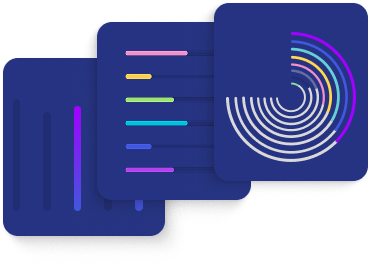Abstract illustration of overlapping dashboard panels showing colored schedule bars and a multicolored concentric arc chart