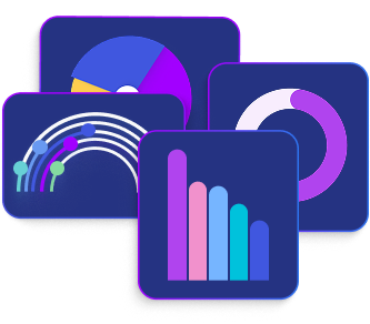Abstract illustration of four dashboard tiles showing a pie chart, donut chart, line graph, and bar chart