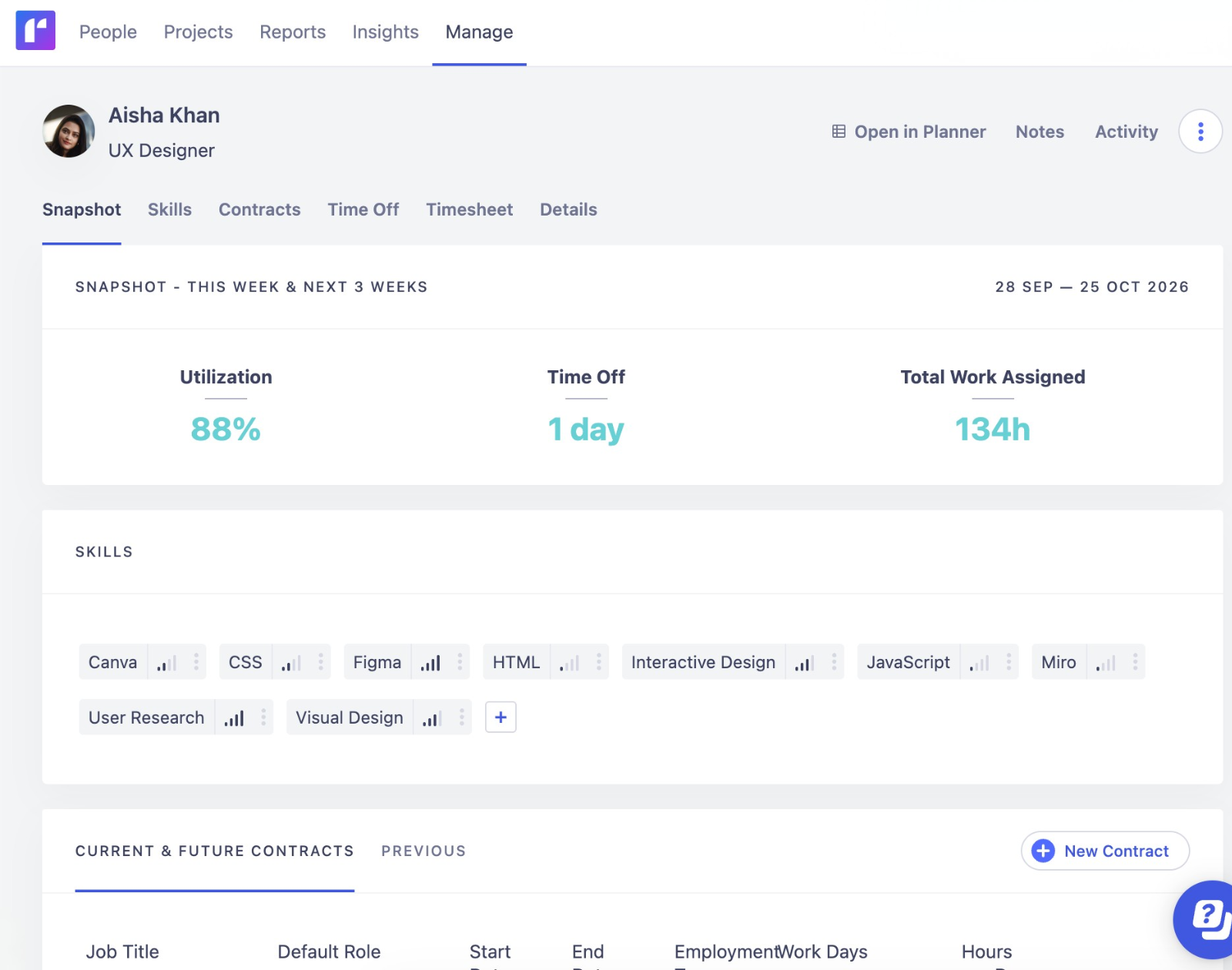 Individual team member dashboard in Runn showing their utilization, skills, and role details.
