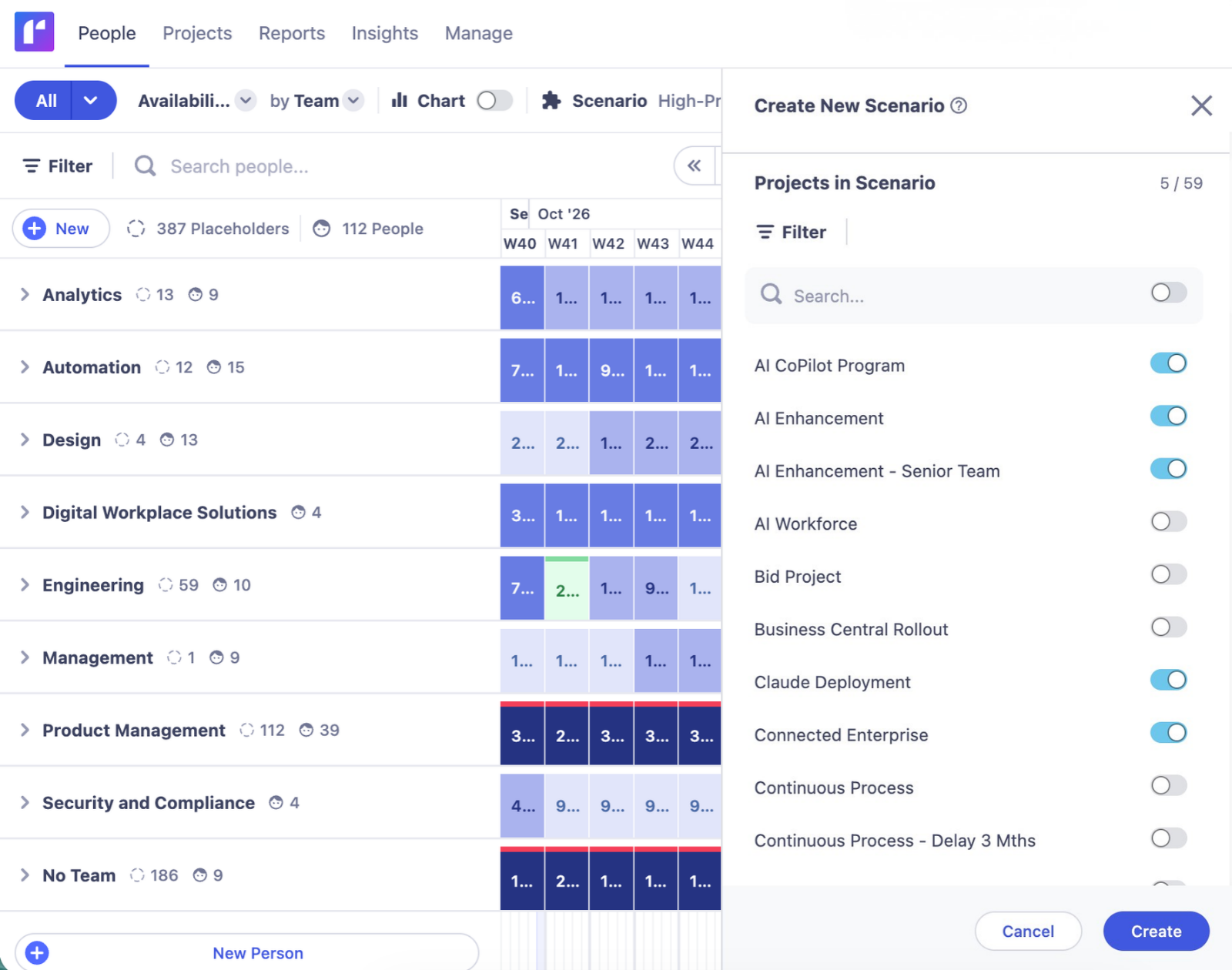 Creating a new scenario in Runn's People Planner, with options to choose which tentative projects to include for comparing potential outcomes.