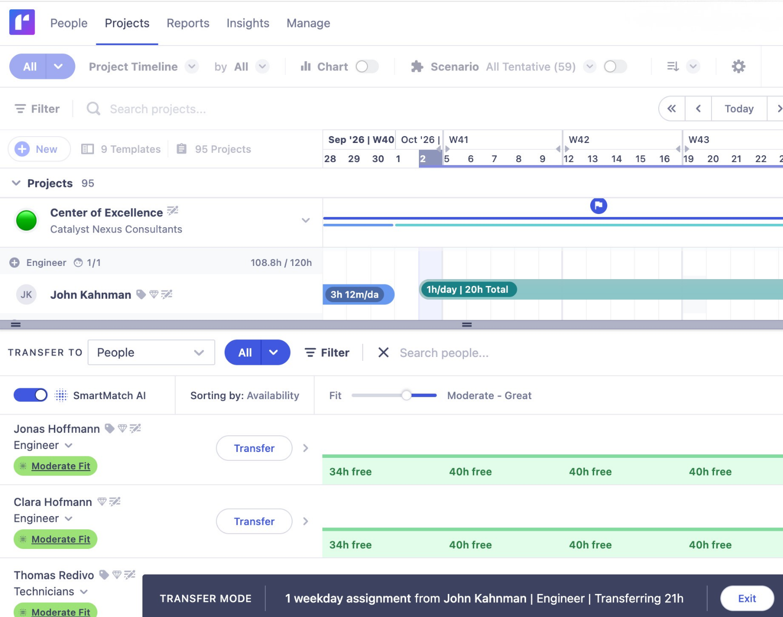 Transferring an assignment in Runn's Project Planner, showing matching team members and the capacity impact of the transfer.