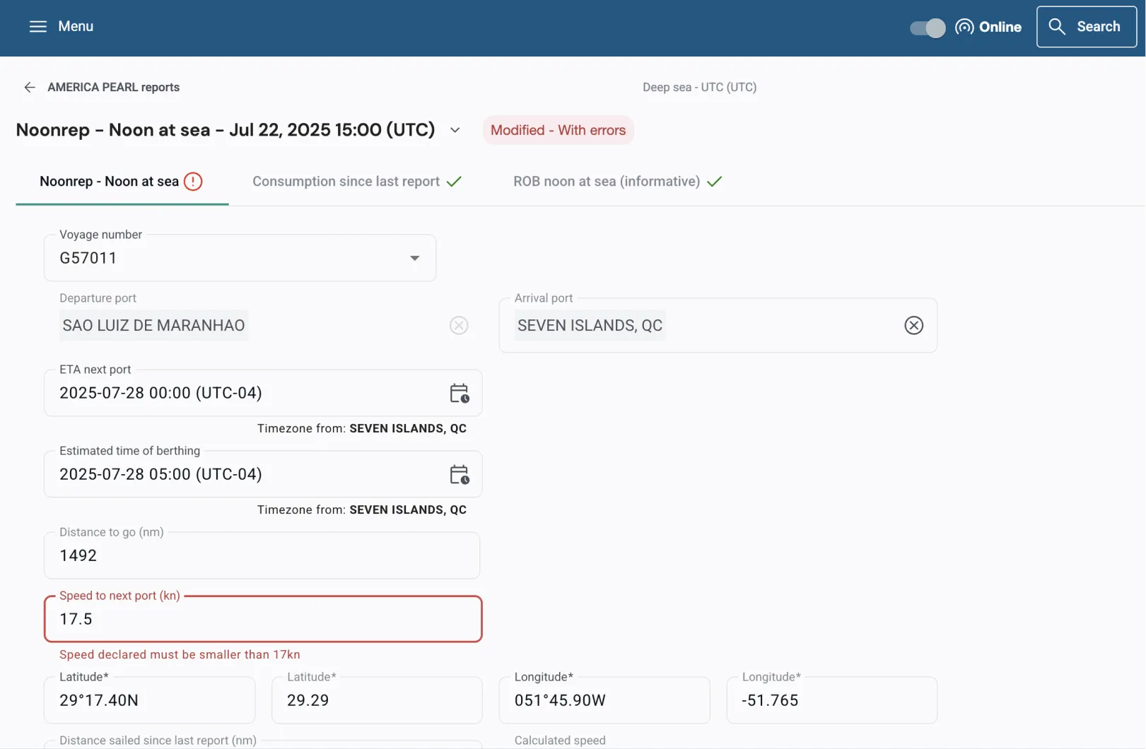 Vessel Reporting interface