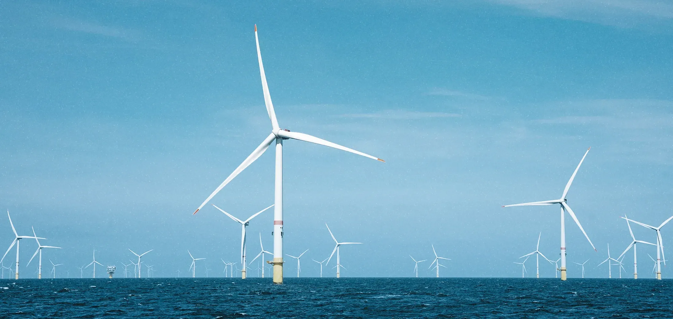Multiple offshore wind turbines in the sea under a clear blue sky.