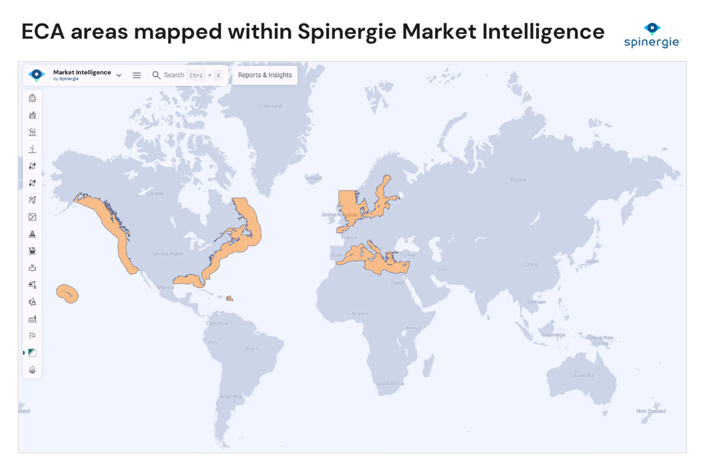World map highlighting ECA areas in orange around North America, Europe, the Mediterranean, and Hawaii.