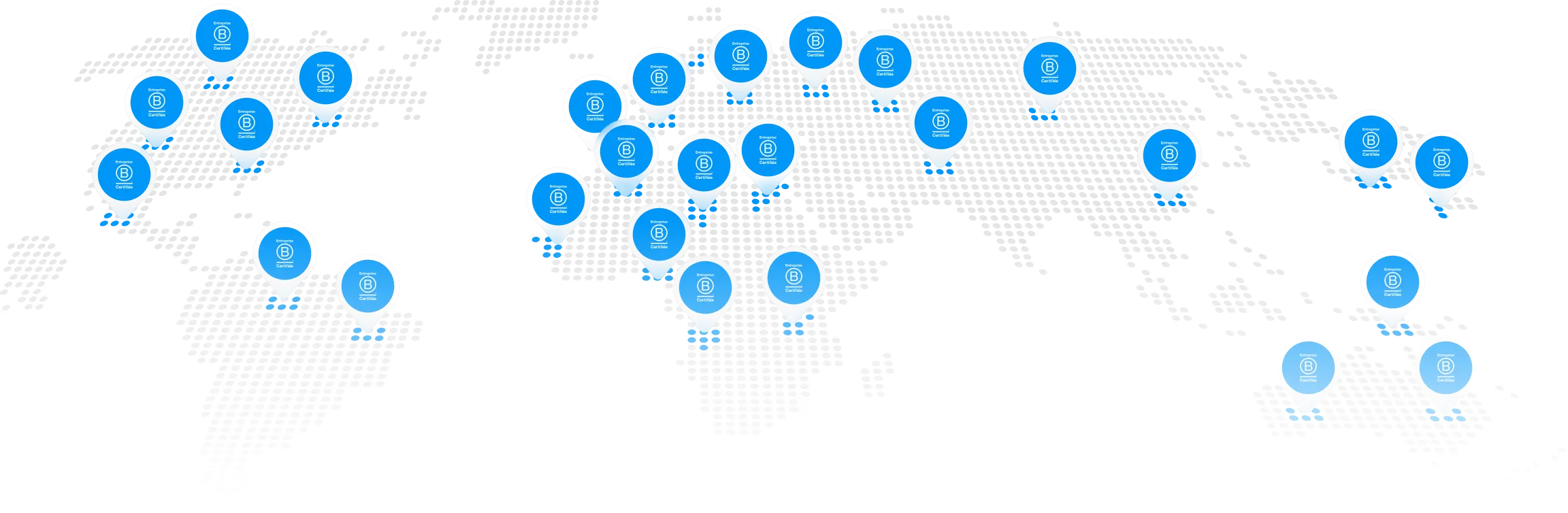 World map with blue B Corp certification pins marking locations across continents.