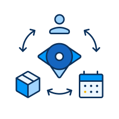 Blue geometric compass icon in the center surrounded by an icon of a person above, a calendar to the right, and a box to the left connected by arrows indicating coordination.