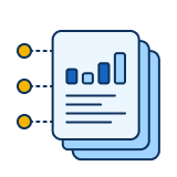 Icon of stacked report documents with a bar chart and lines of text next to three highlighted bullet points.