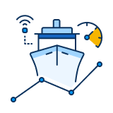 Graphic of a ship with wireless signal waves above it, a clock icon to the right, and a line graph below, symbolizing vessel tracking and reporting.