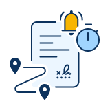 Document with two location markers connected by a dotted line, a clock, and a notification bell symbolizing itinerary or schedule management.