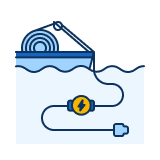 Illustration of a blue power cable reel with a cord extending from it, ending in a plug and a circular yellow connector with a lightning bolt symbol.