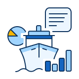Graphic of a ship with data icons including a pie chart, a bar chart, and a speech bubble with lines representing text, symbolizing vessel intelligence or data analytics.
