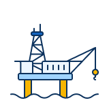 Illustration of an offshore oil rig platform standing on three pillars in the ocean with a crane on the right side holding a hook.