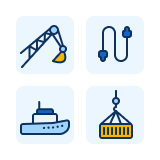 Four rounded square icons representing shipping and logistics: a crane lifting a load, an electrical plug and socket, a cargo ship, and a crane lifting a shipping container.