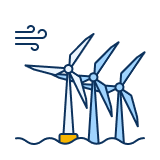 Three offshore wind turbines with spinning blades above stylized water, with a wind symbol indicating wind blowing.