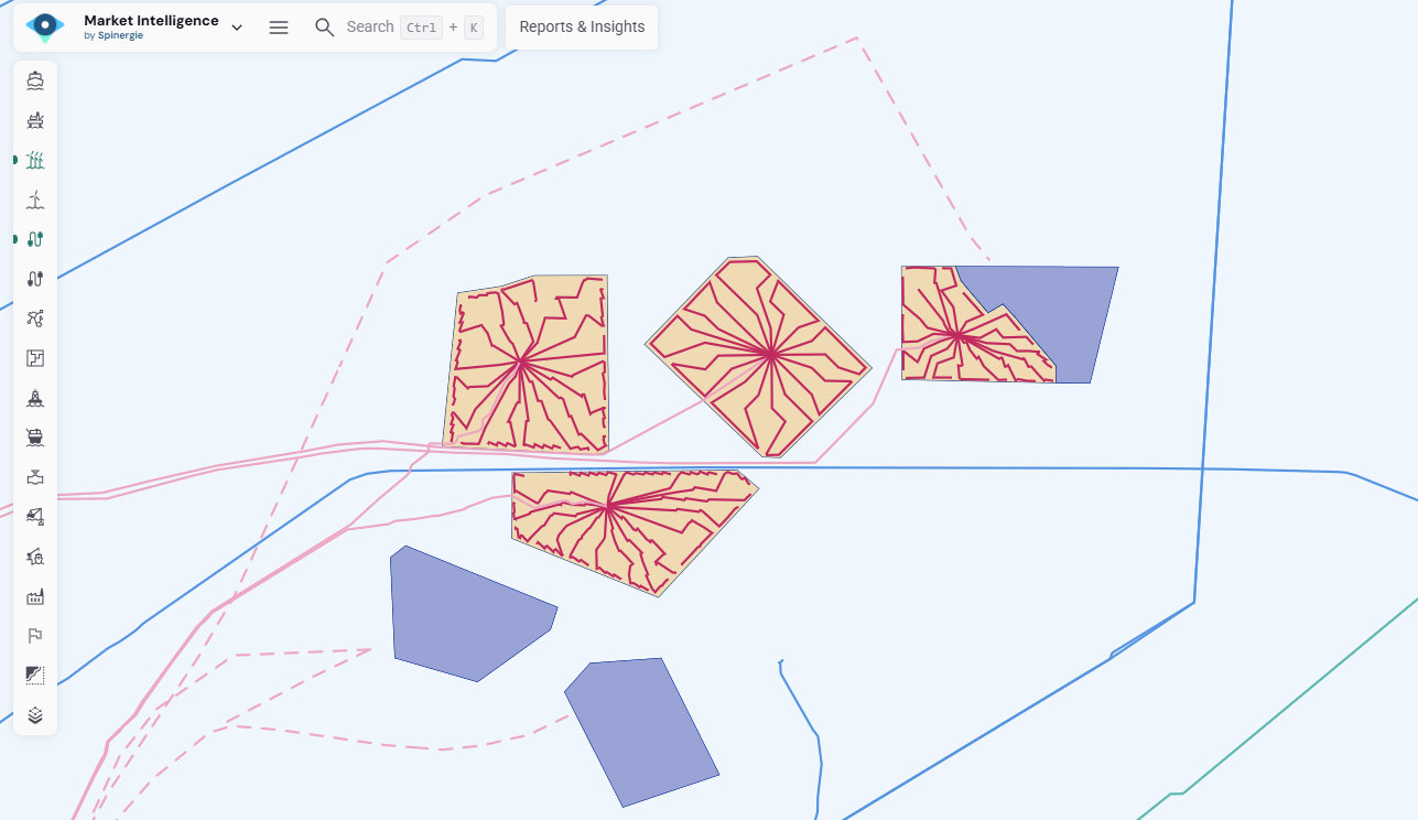 Spinergie Market Intelligence: The Live Map shown with the Offshore Wind and Cable layers activated.