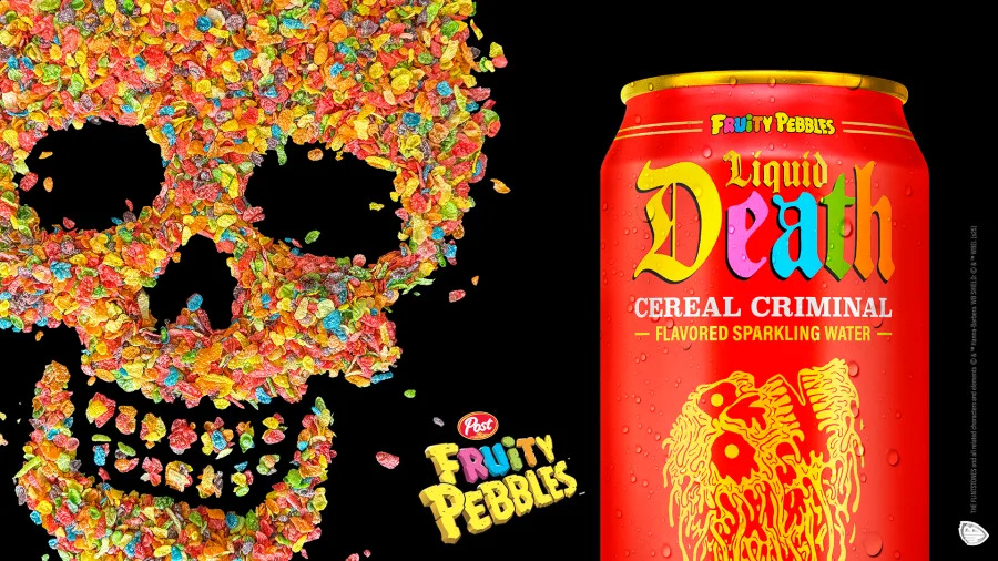 Liquid Death has unveiled Cereal Criminal, a Fruity Pebbles and milk-flavored sparkling water that's available nationwide July 18, 2025. (Liquid Death)