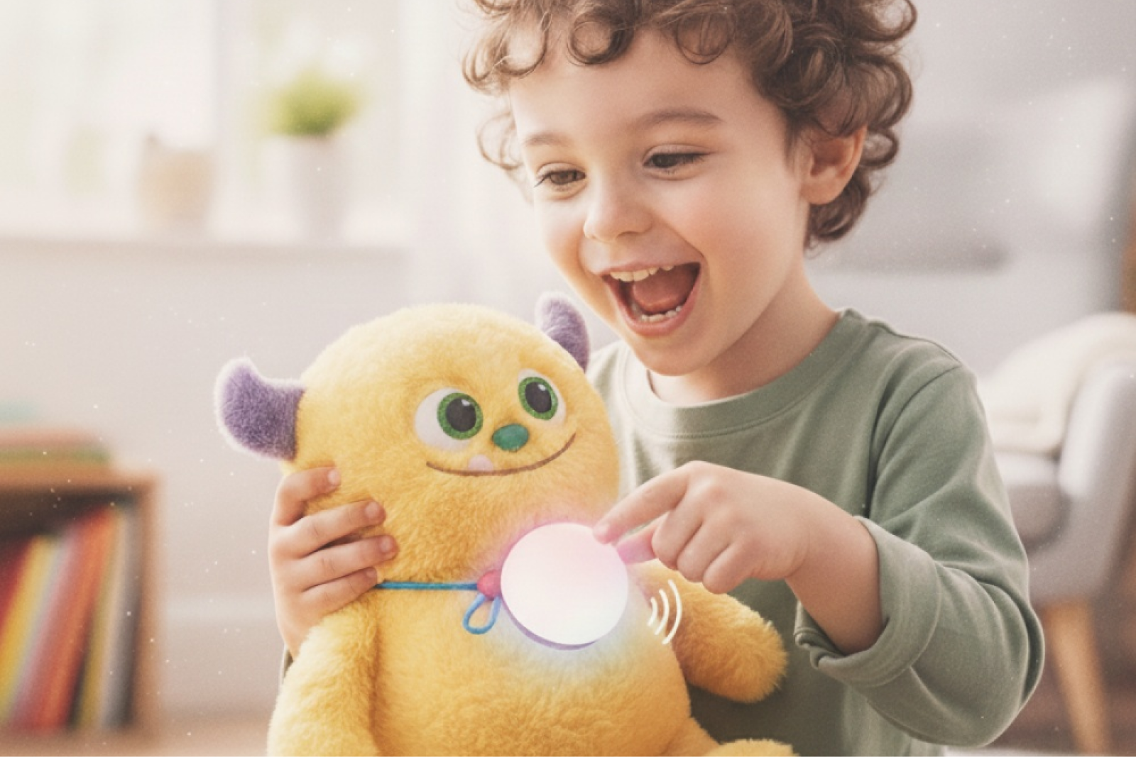 Happy child playing with BubblePal attached to teddy bear