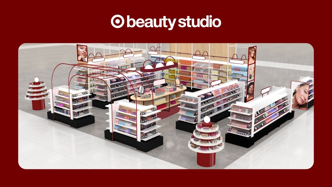 Rendering of the Target Beauty Studio featuring elevated fixtures, curated product displays and organized beauty aisles.