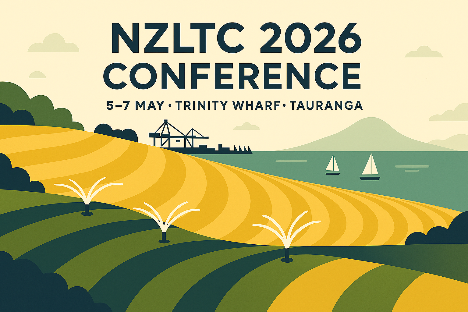 Illustration of rolling green and yellow hills with sprinklers, a dock with cranes, sailboats on water, and a distant mountain under a pale sky, with text announcing the NZLTC 2026 Conference from 5-7 May at Trinity Wharf, Tauranga.