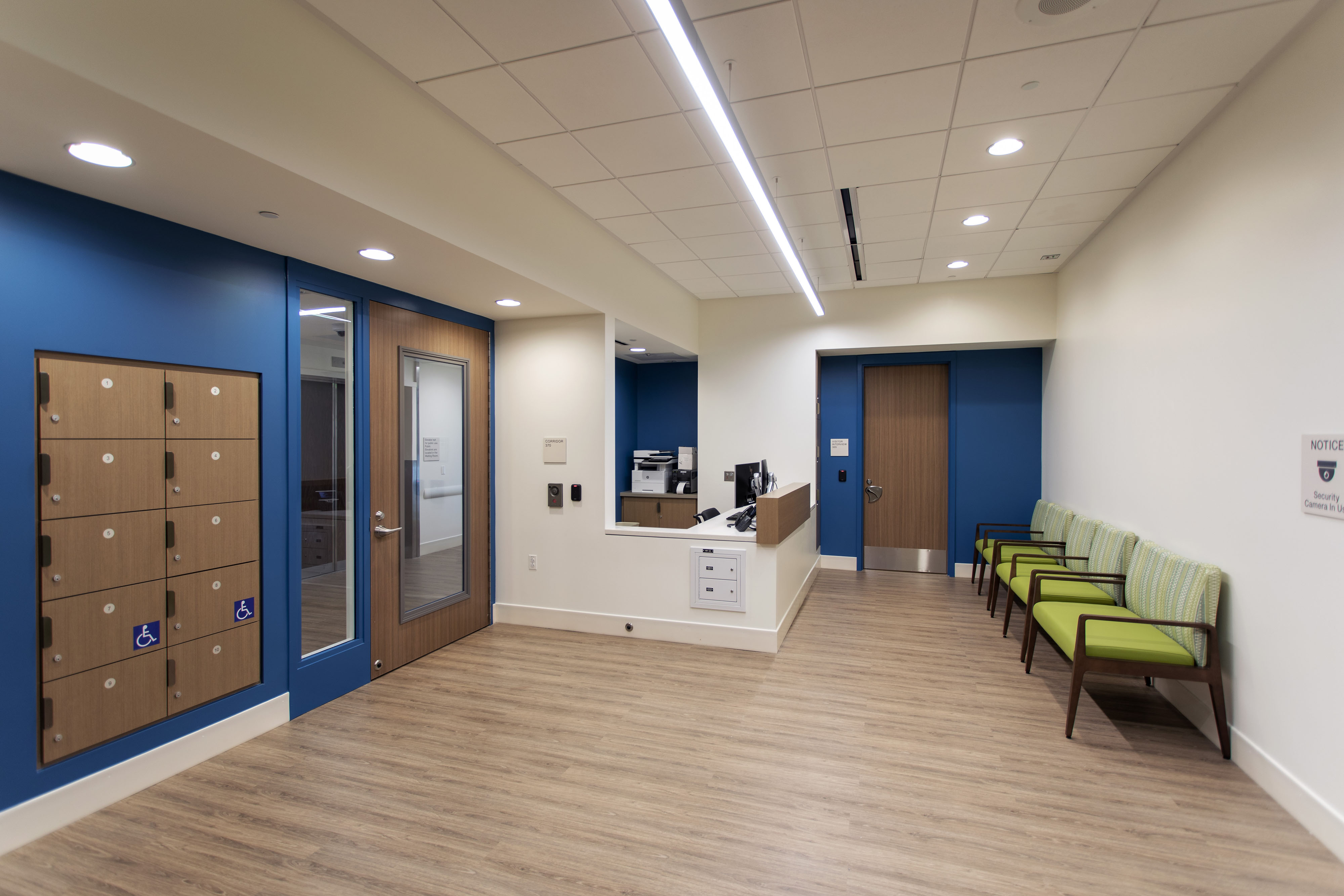 Sutter Health CPMC Davies Campus Behavioral Health Renovations, San Francisco: healthcare renovation by Herrero Builders in an occupied hospital, with OCULUS Architects. Interior view of the unit reception with secure patient lockers and waiting seating.
