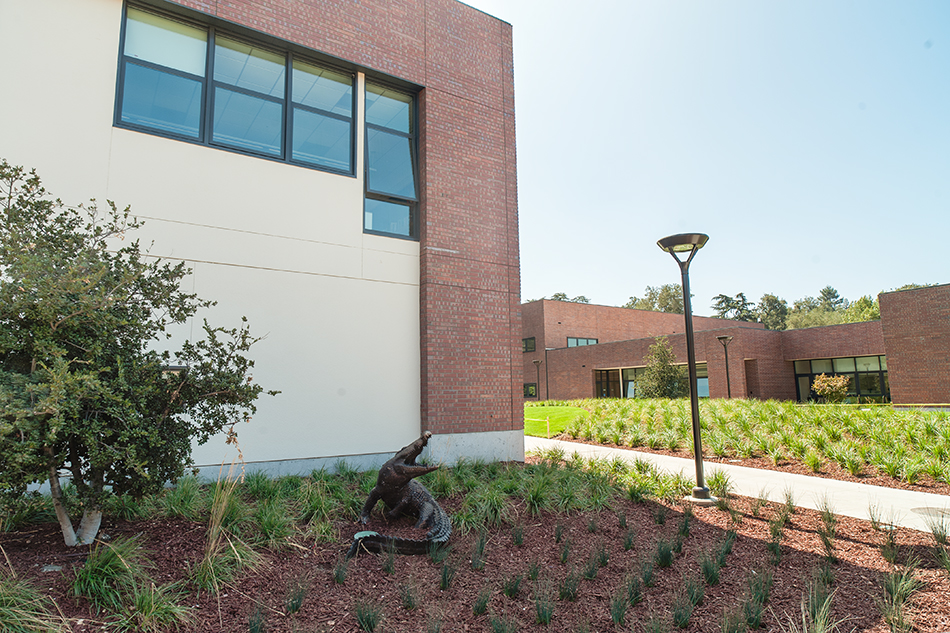 Sacred Heart Schools Atherton Lower & Middle School, Atherton, CA: Education new construction by Herrero Builders on a LEED Gold net zero energy campus, with WRNS Studio. Detail of a brick and cream stucco wall with a lamp post and a small sculpture in the planting.