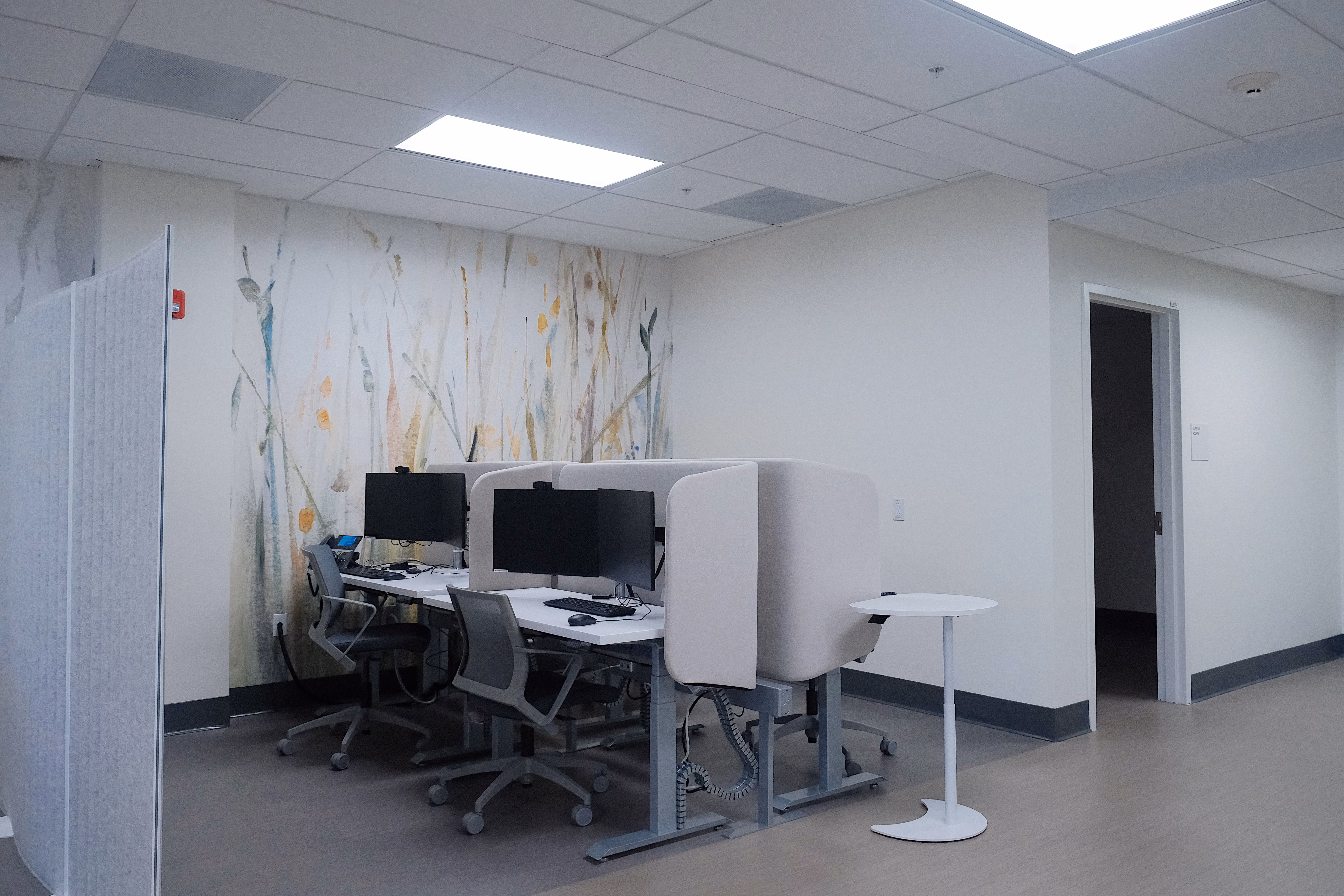 Sutter Health ABSMC Graduate Medical Education (GME), Oakland, Berkeley, CA: Healthcare renovation by Herrero Builders in an occupied hospital, with HOK. Detail of workstations with monitors and acoustic screens beside a botanical wall graphic.