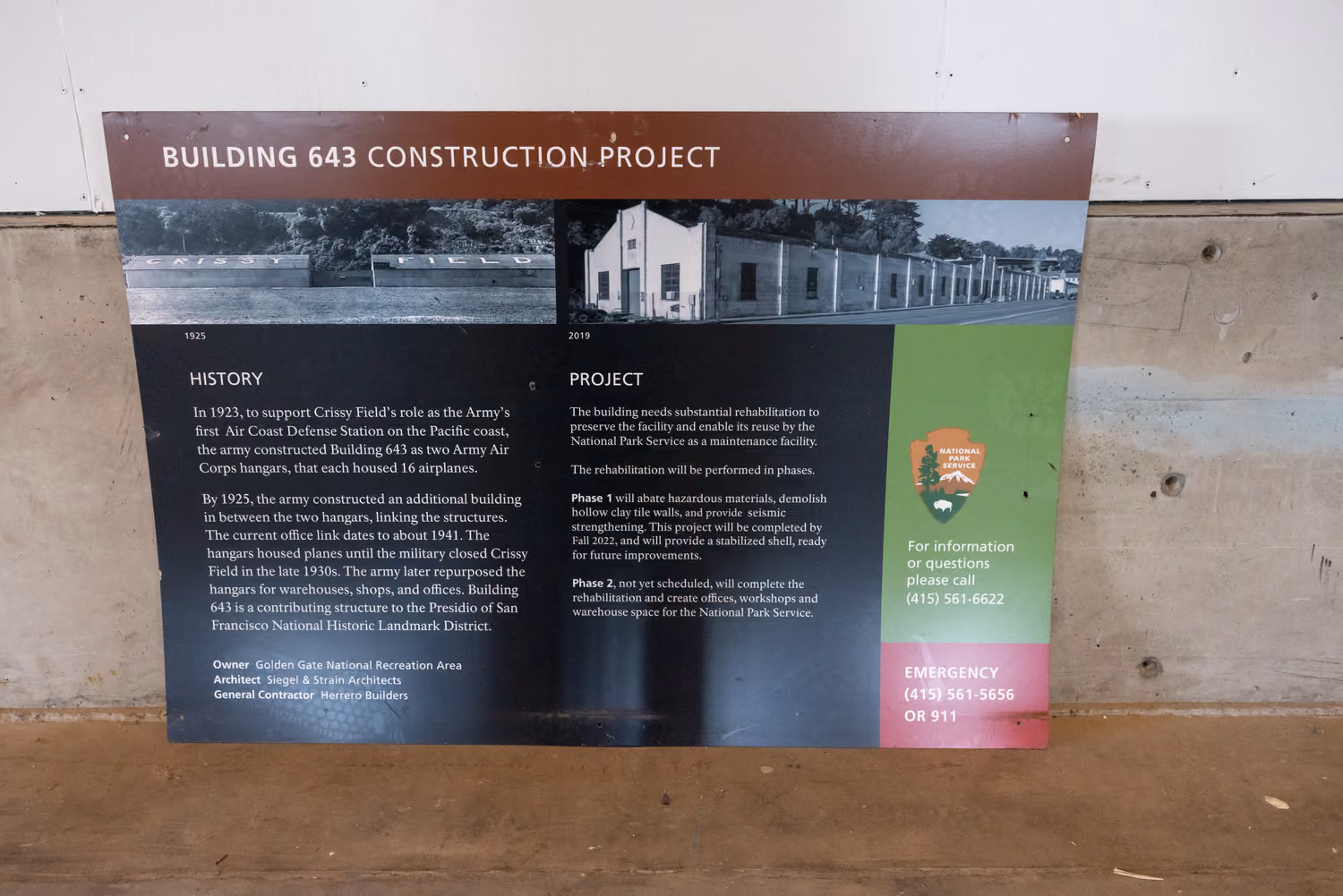 National Park Service Crissy Field Hangar Rehabilitation (Presidio Building 643), San Francisco, CA: Historic renovation by Herrero Builders using Lean construction, with Siegel & Strain Architects. Detail of a construction project information sign on a concrete wall.