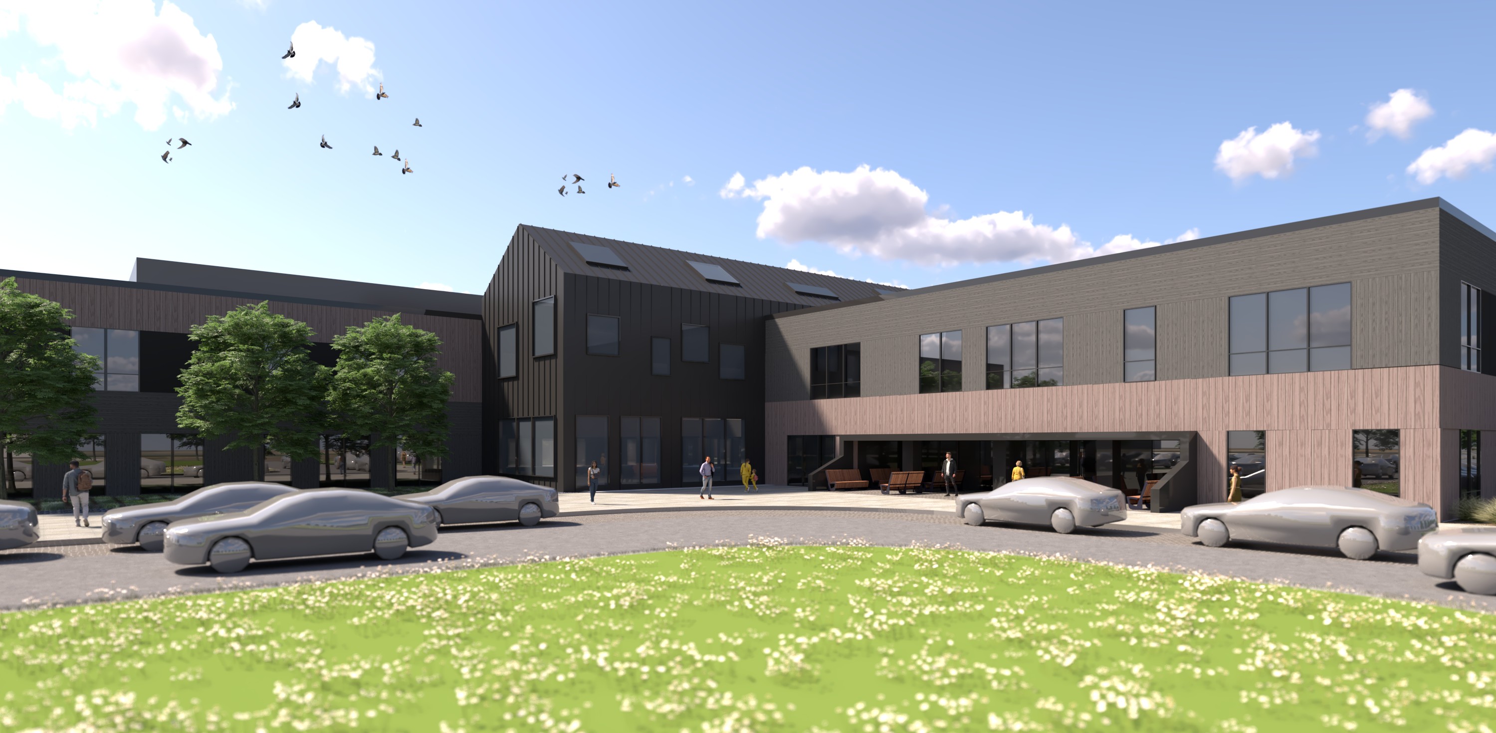 San Joaquin County BeWell Behavioral Health Campus, French Camp, CA: Healthcare new construction by Herrero Builders under Progressive Design Build, with kmd architects. Exterior view of the two-story main building with dark cladding, a curved drive and a lawn in a rendering.