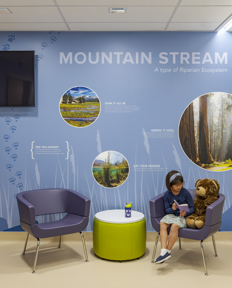 Stanford Health Care Stanford Health Pediatric Emergency Department, Palo Alto, CA: Healthcare renovation by Herrero Builders in an occupied hospital, with Ratcliff. Interior view of a waiting area with a blue wall graphic, upholstered chairs and a small round table.
