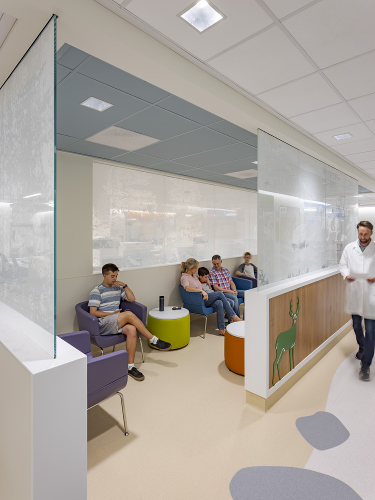 Stanford Health Care Stanford Health Pediatric Emergency Department, Palo Alto, CA: Healthcare renovation by Herrero Builders in an occupied hospital, with Ratcliff. Interior view of a waiting area with a glass partition, seating and a wood panel with a deer graphic.