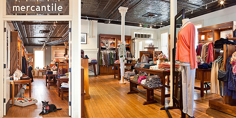 Fort Baker Retreat Group, LLC Mercantile at Cavallo Point, Gift Shop, Sausalito, CA: Commercial & Retail renovation and new construction by Herrero Builders in a historic landmark, with Leddy Maytum Stacy Architects. Interior view of the shop entrance with a sign over the doorway.
