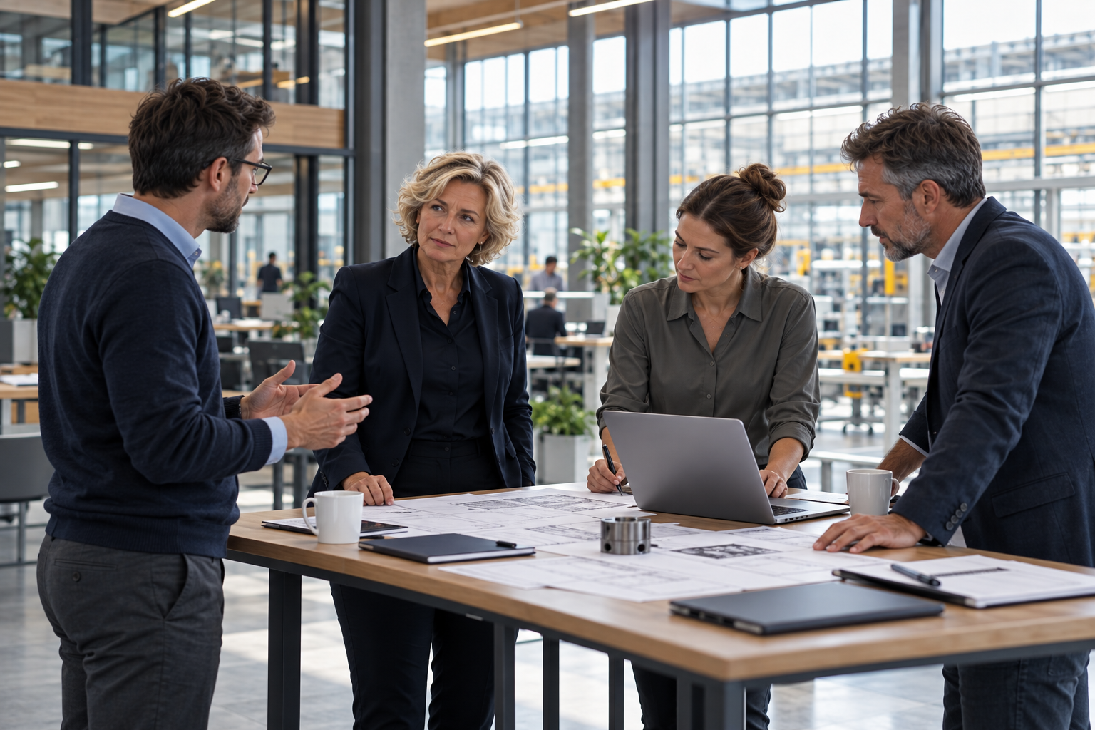 KI-Konzeptszene: Die Führungskraft arbeitet mit drei Kollegen an einer gemeinsamen Aufgabe im Unternehmen.