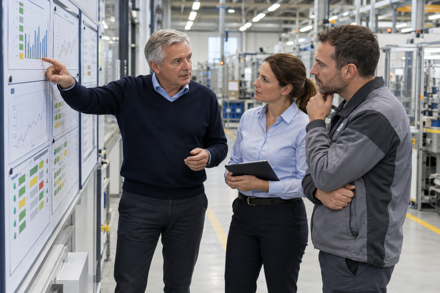 KI-Konzeptszene: Eine Führungskraft bespricht am Produktionsmanagement-Board Kennzahlen und Prioritäten mit zwei Verantwortlichen.
