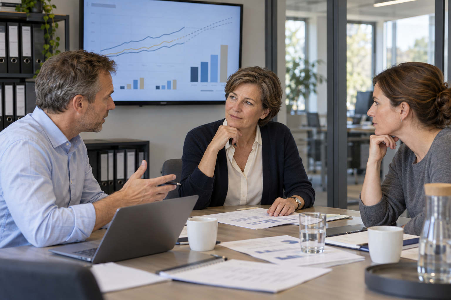 KI-Konzeptszene: Eine erfahrene Finance-Führungskraft bespricht Planungsszenarien mit ihrem Team.