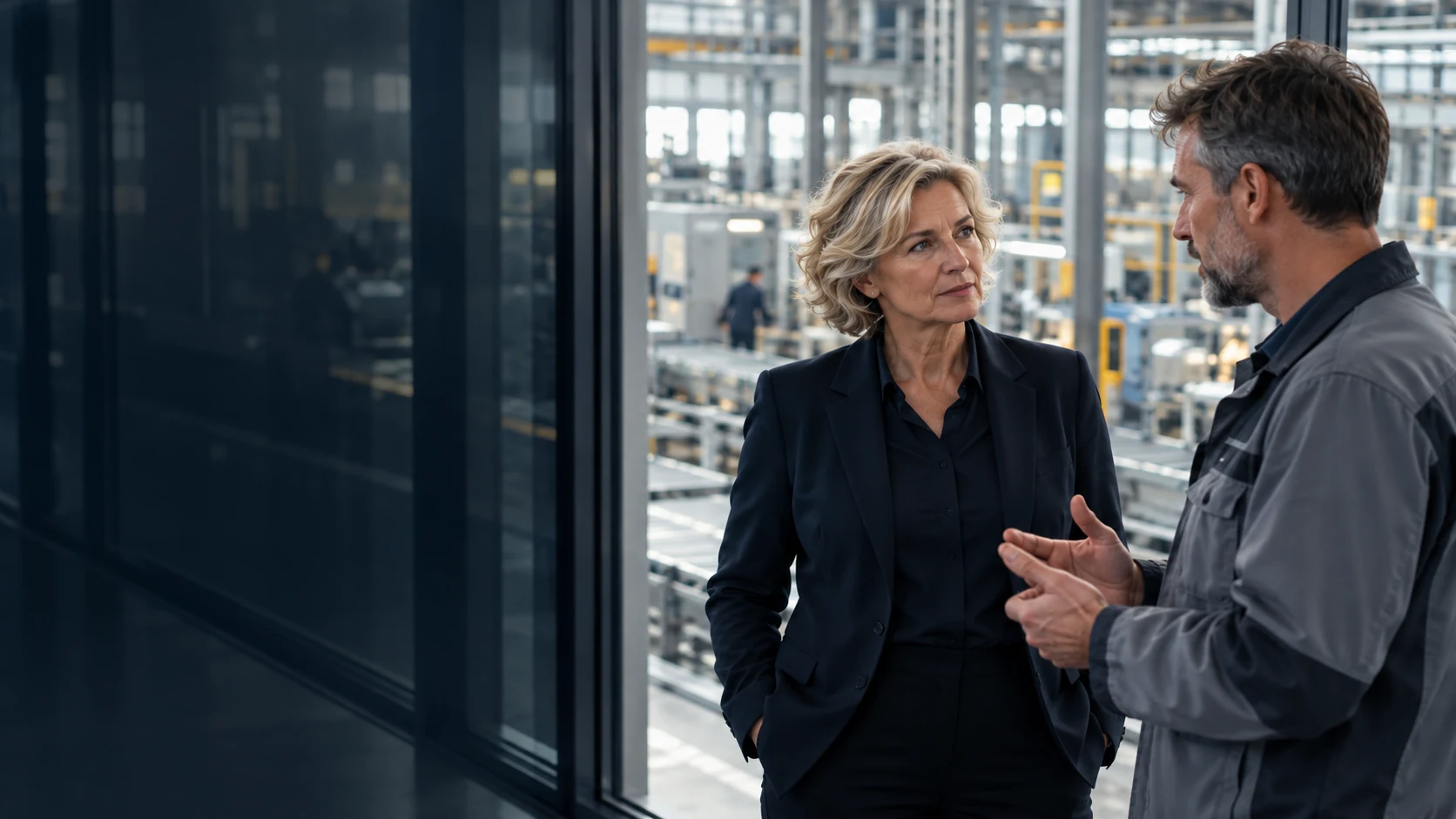 KI-Konzeptmotiv: Eine erfahrene Führungskraft hört einem Mitarbeiter im Produktionsumfeld zu.