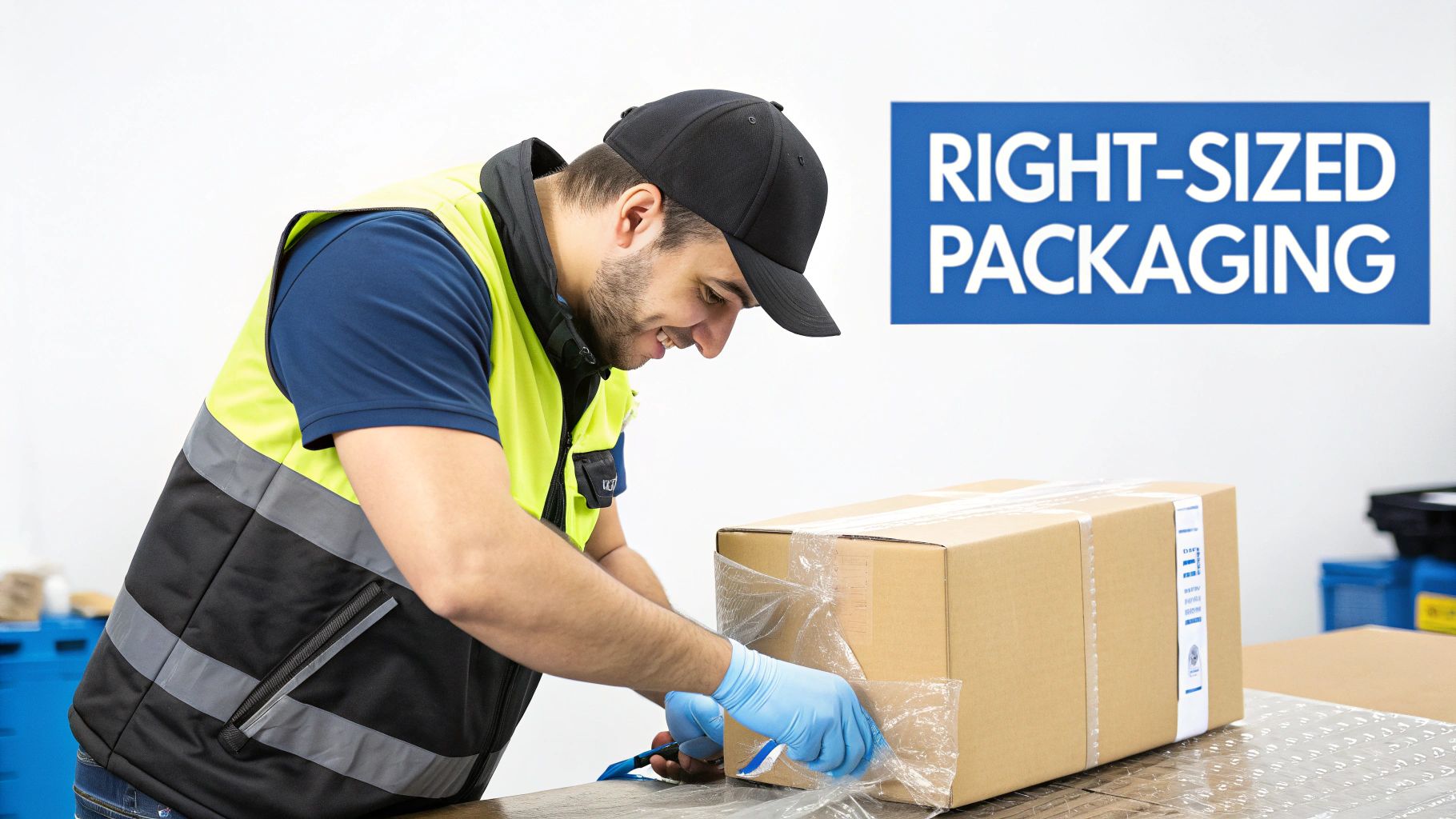 A warehouse worker packing a product into a perfectly sized box with custom inserts, demonstrating optimized packaging.