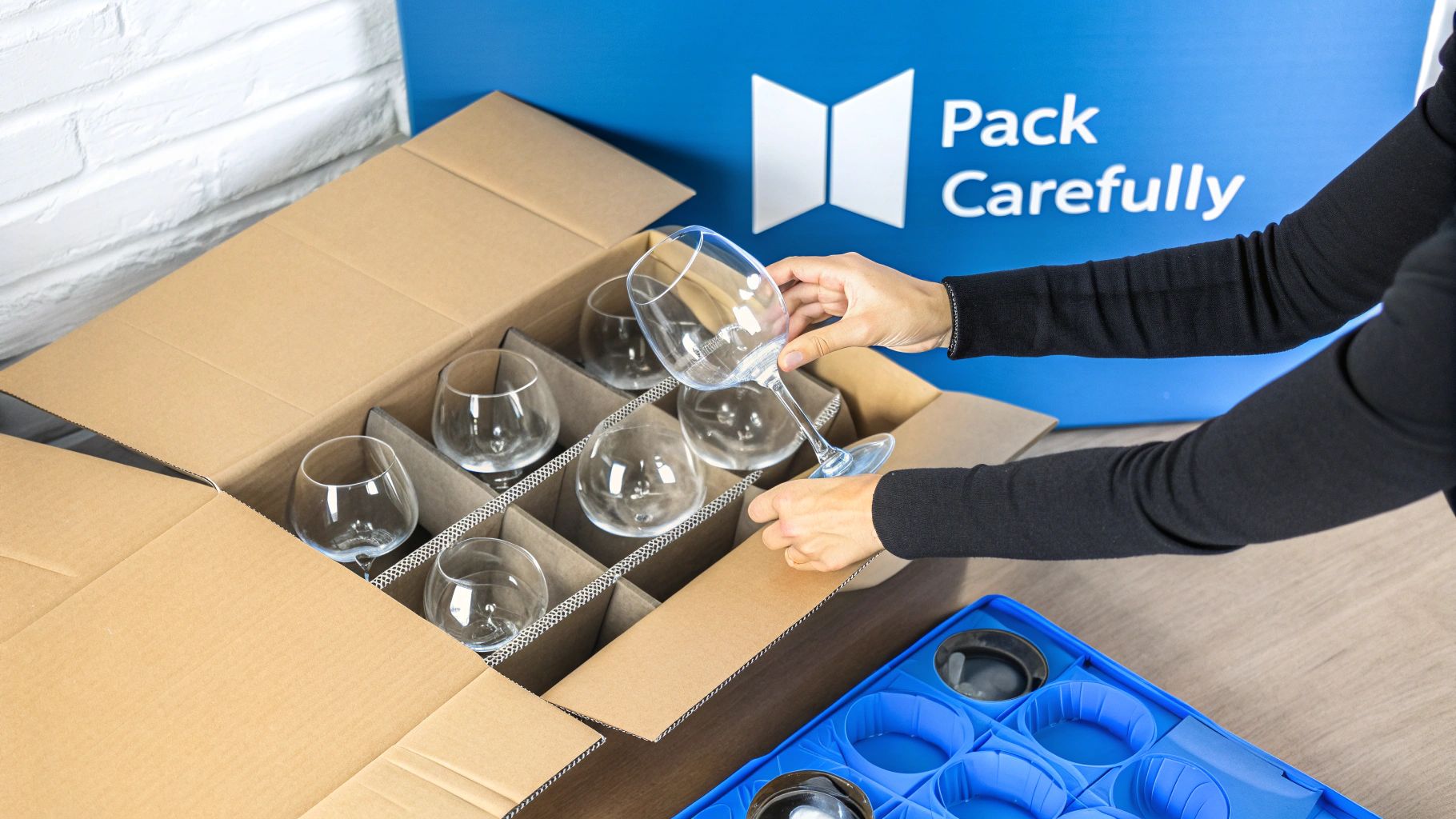A person using the H-tape method to seal a cardboard box filled with wrapped glassware.