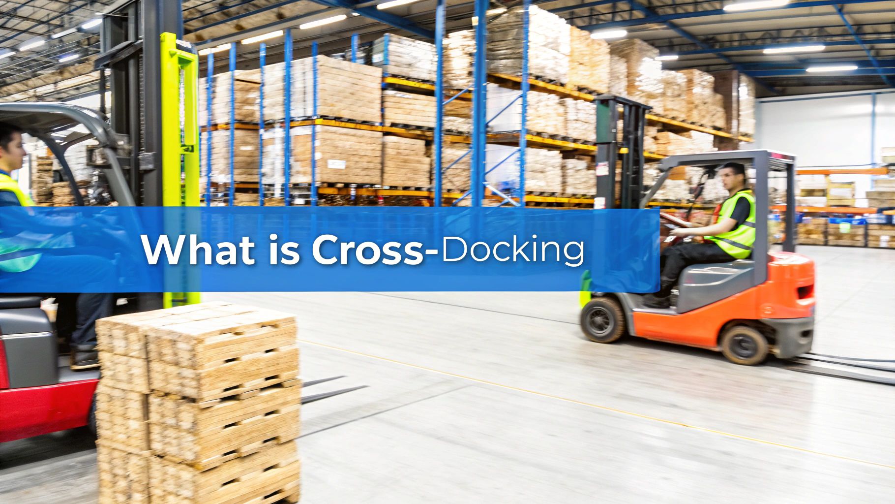 A busy warehouse with workers moving boxes from an inbound truck directly to an outbound truck, illustrating the cross docking process